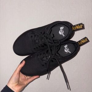 MENS Dr. Martens Black Canvas Low-Top Sneakers with Yellow Heel Loop